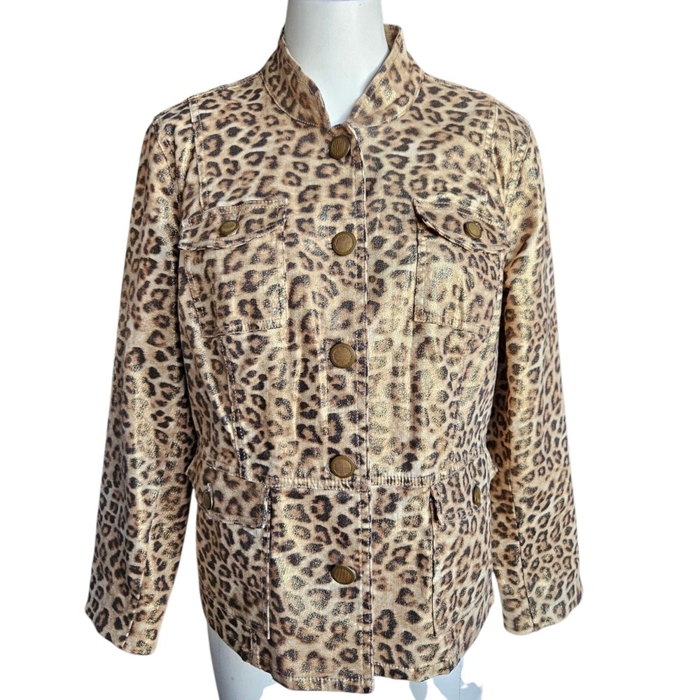 Chico's Gold Metallic Leopard Print Stretch Cotton Utility Jacket Sz 1 (M/8)